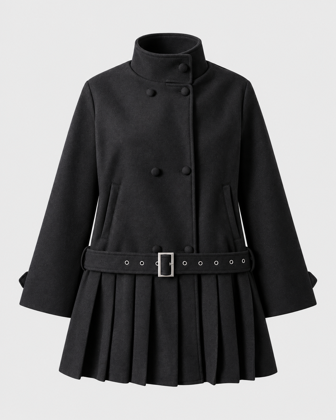 Color: Black | Women's black stand collar zip-up trench coat, front studio view