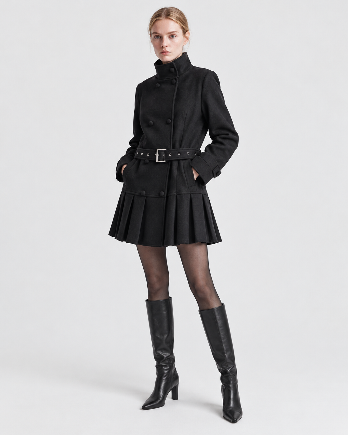 Color: Black | Women's black stand collar trench coat styled on model, front view