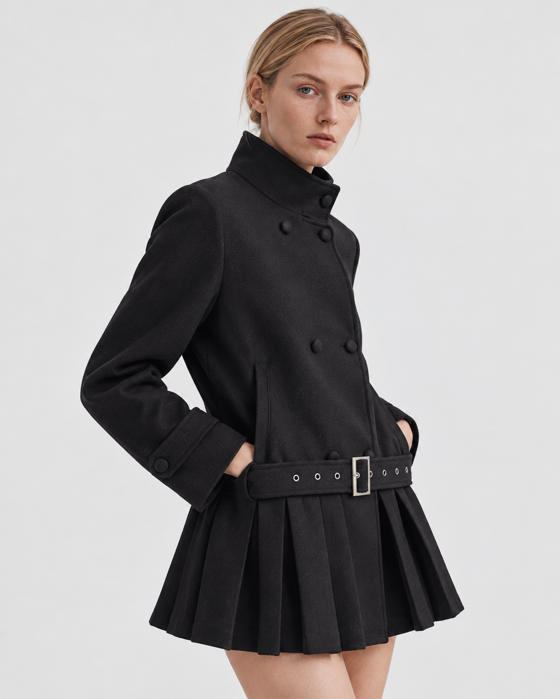 Color: Black | Women's black stand collar trench coat styled on model, three-quarter view