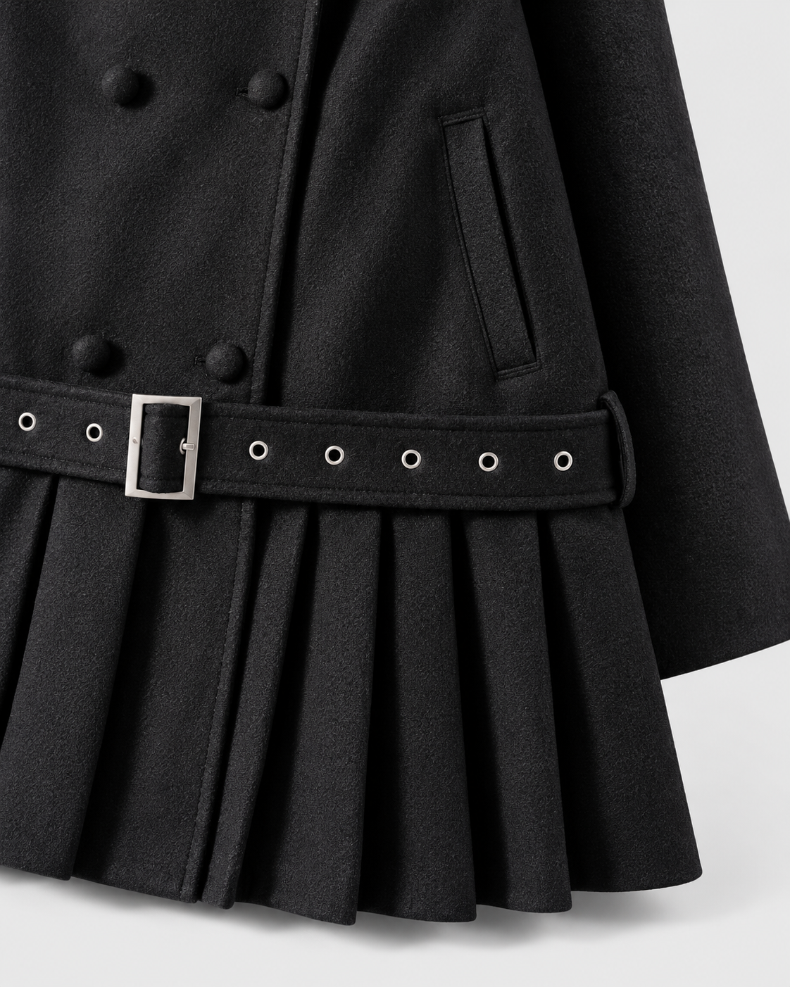 Color: Black | Pocket and pleated hem detail on women's black trench coat