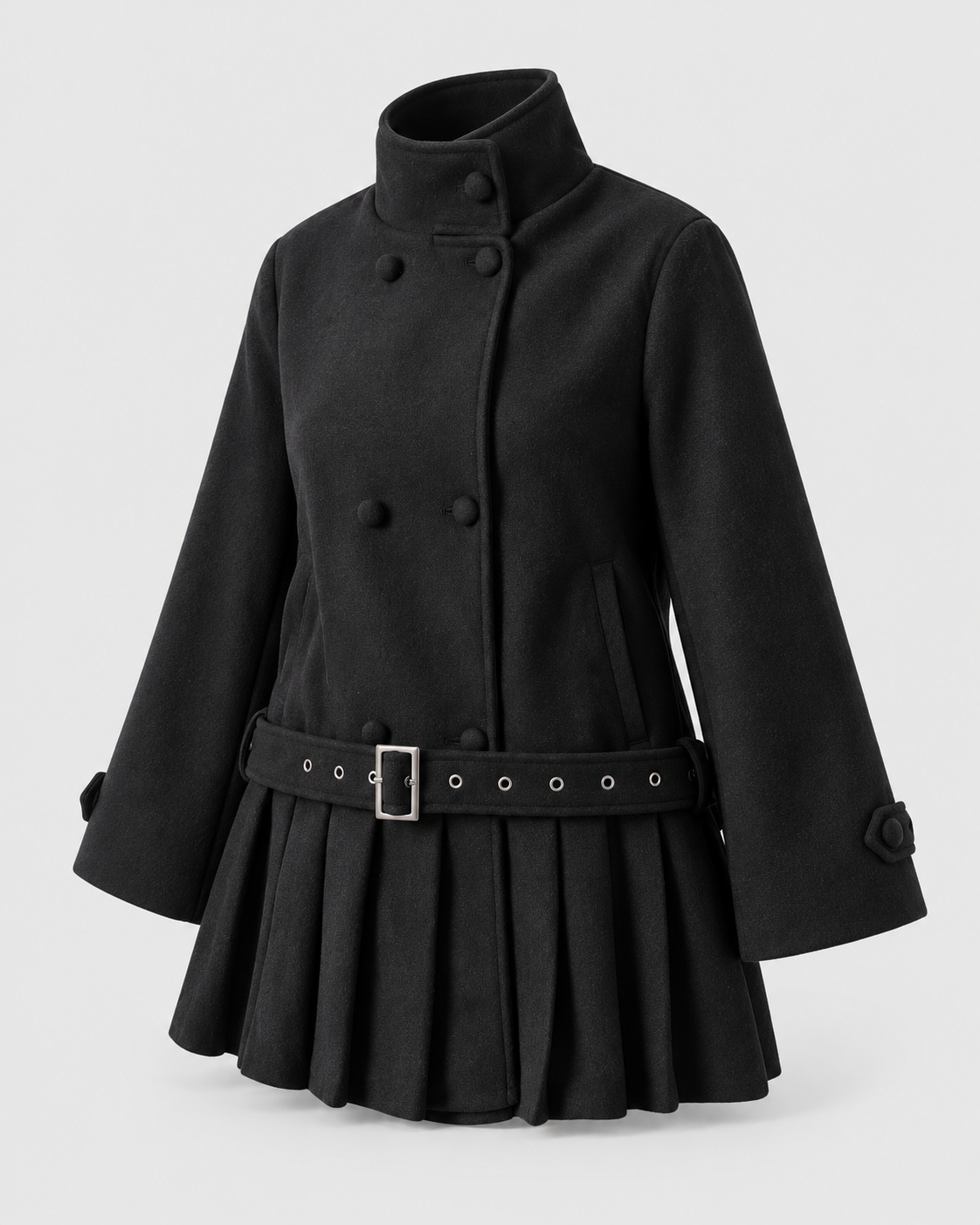 Color: Black | Women's black stand collar zip-up trench coat, three-quarter studio view