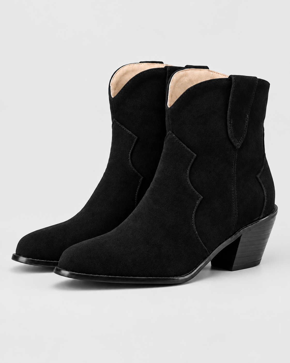 Color: Black | Women's black suede western chunky heel ankle boots, front pair studio view