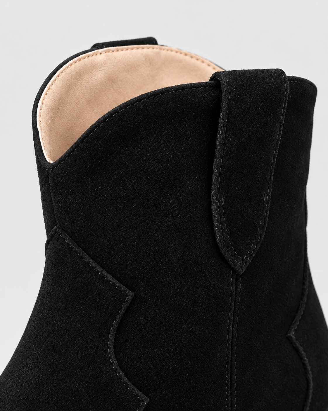 Image of Color: Black | Western shaft stitching detail on women's black suede ankle boots