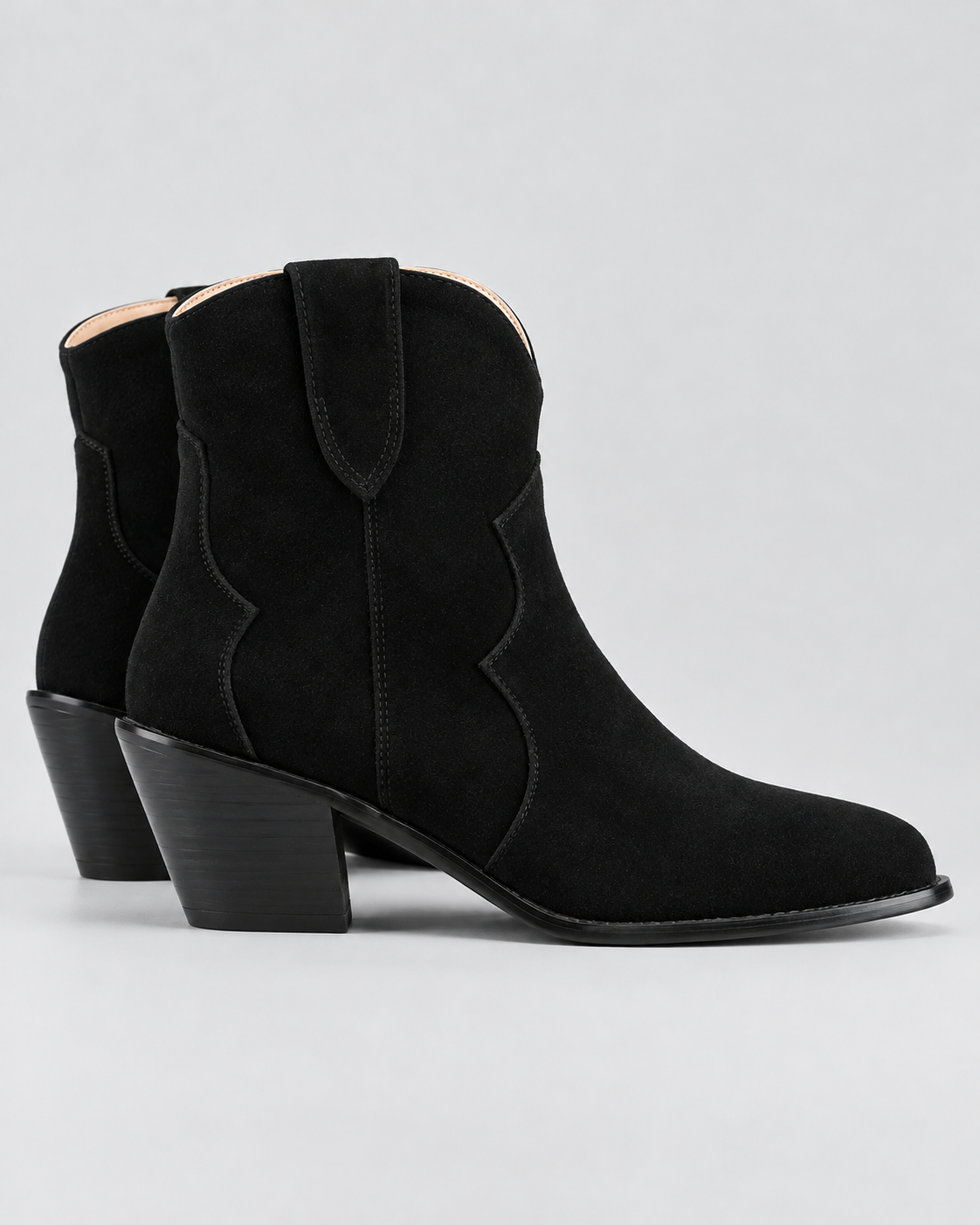 Image of Color: Black | Women's black suede western chunky heel ankle boots, side pair studio view