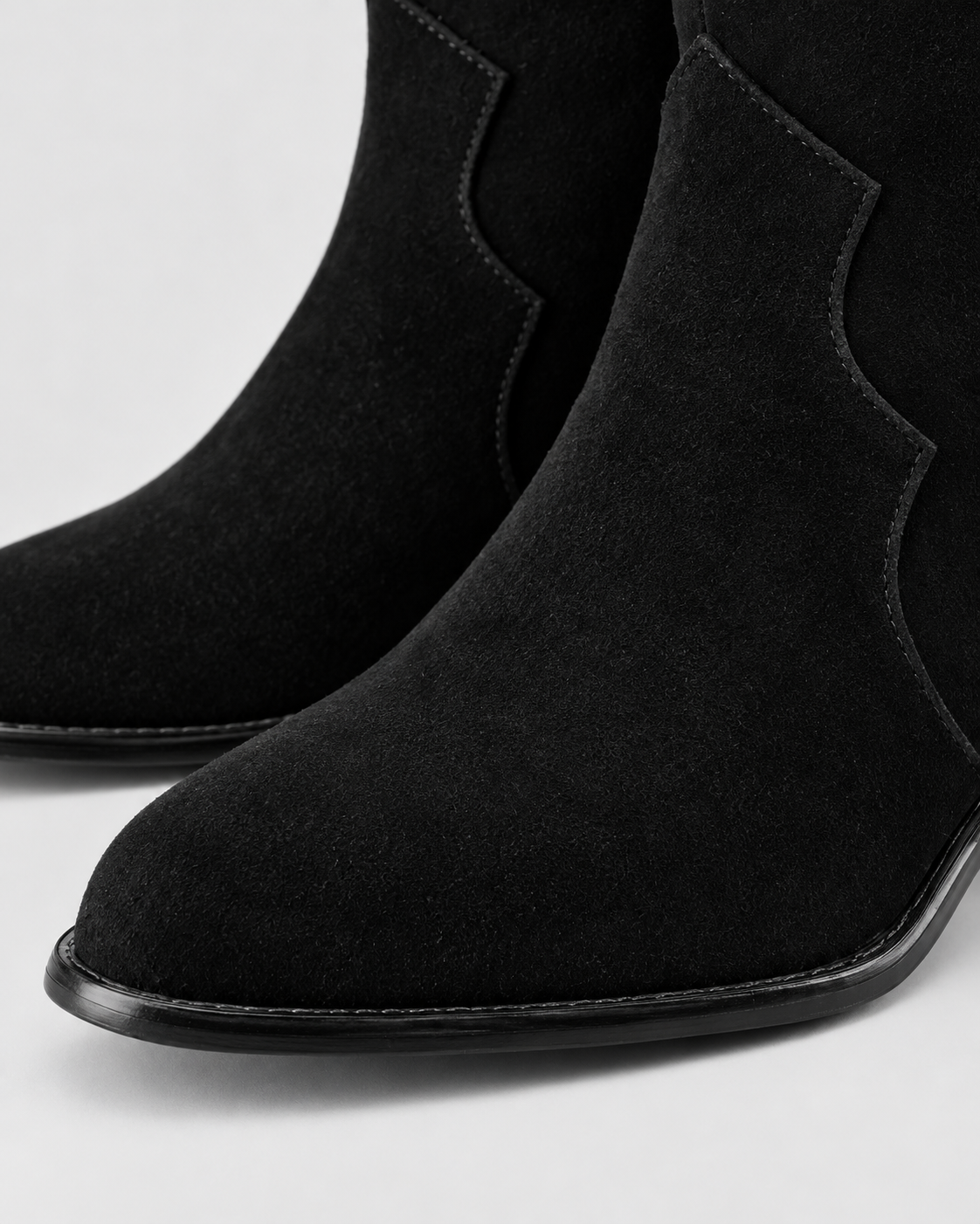 Color: Black | Toe and suede vamp detail on women's black western ankle boots