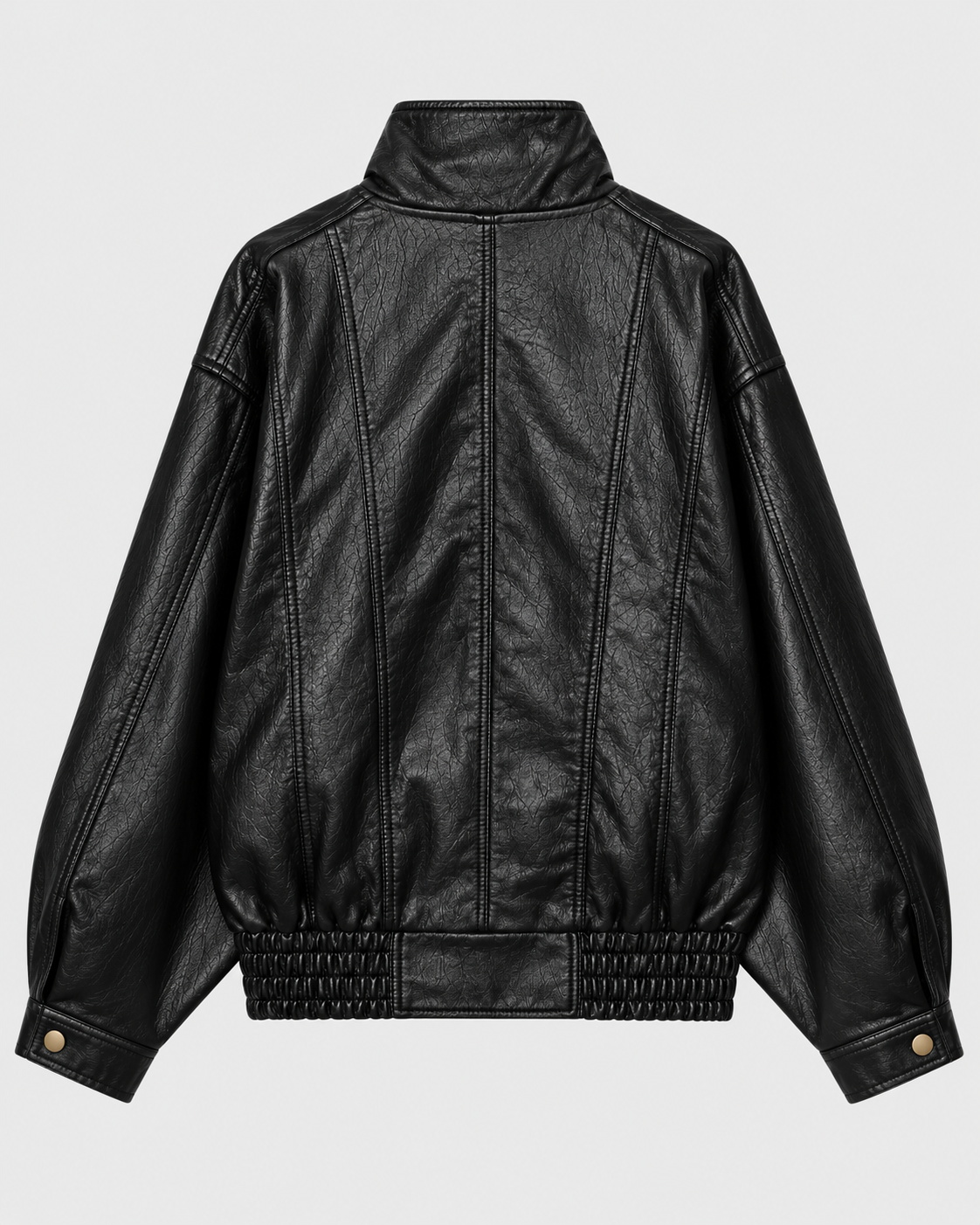Color: Black | Women's black washed faux leather zip-up jacket styled on model, look 1