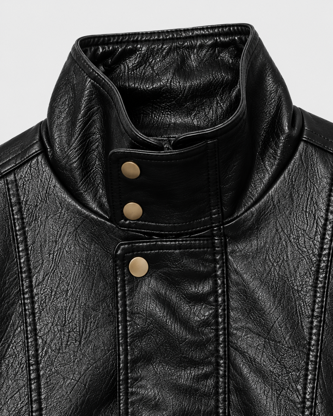 Color: Black | Women's black washed faux leather zip-up jacket, studio product view 2