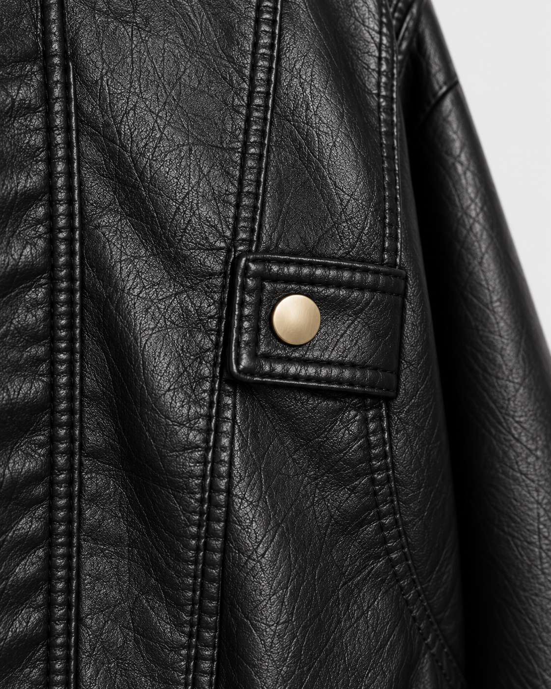 Color: Black | Women's black washed faux leather zip-up jacket, studio product view 3