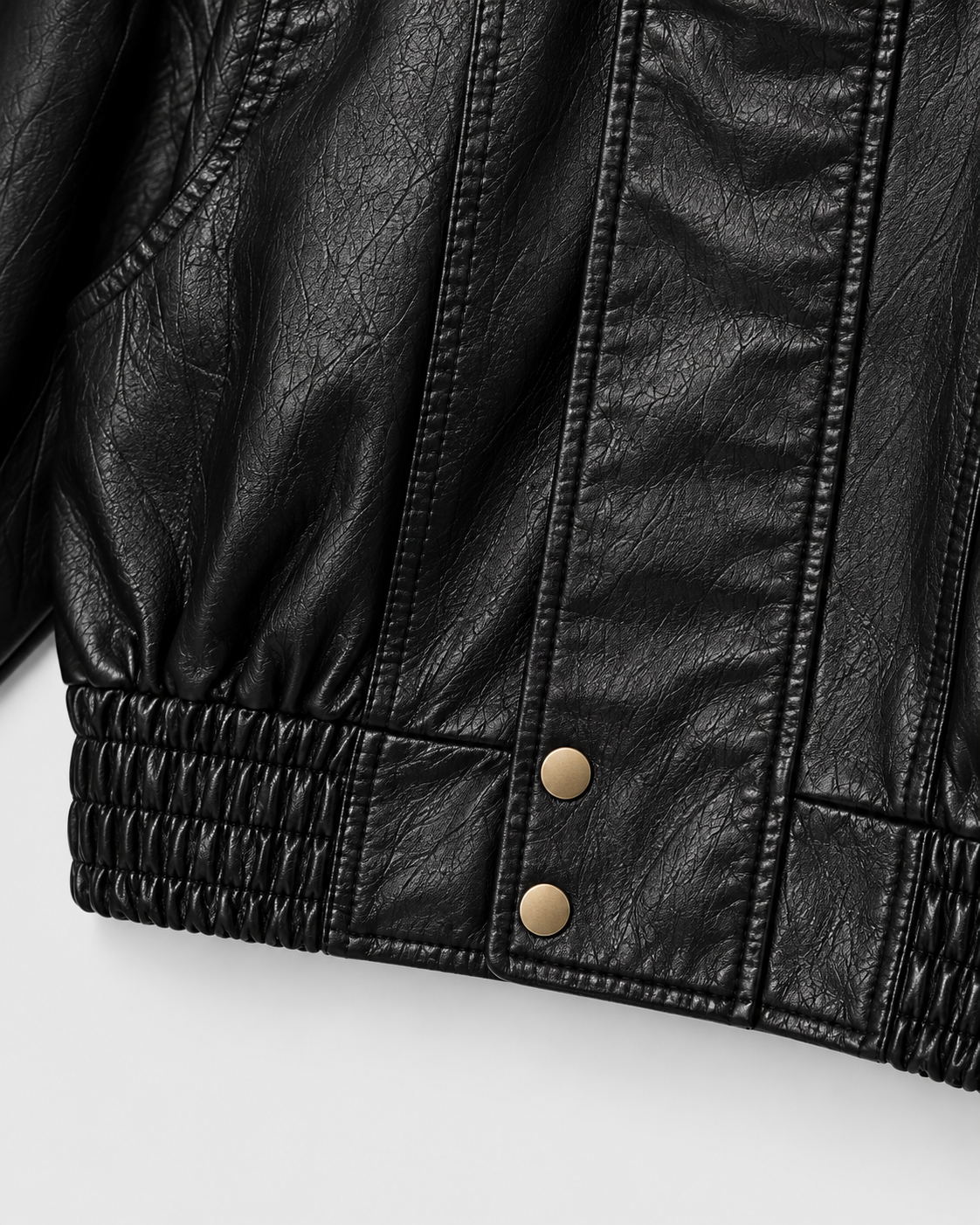 Color: Black | Women's black washed faux leather zip-up jacket, studio product view 4