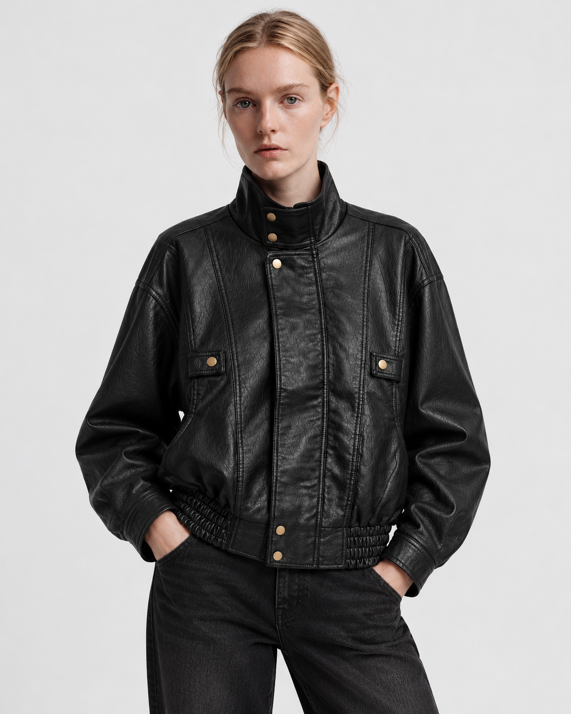 Color: Black | Women's black washed faux leather zip-up jacket, studio product view 5