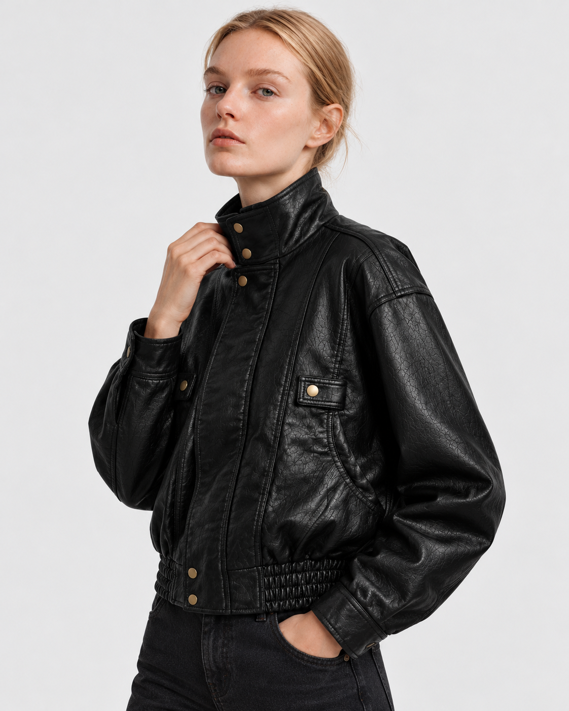 Color: Black | Women's black washed faux leather zip-up jacket styled on model, look 2