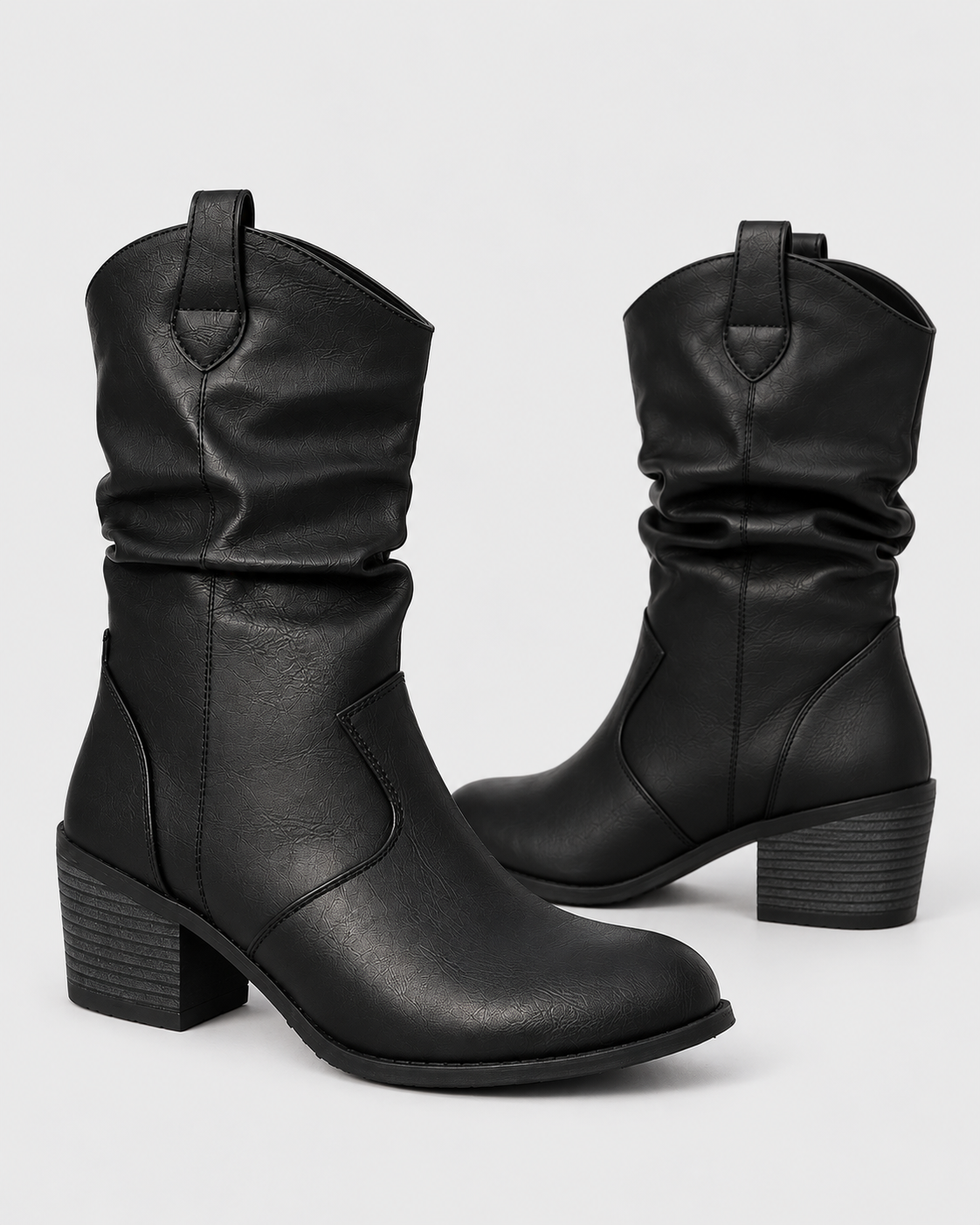 Color: Black | Women's black round toe western block heel mid-calf boots styled on model, look 1