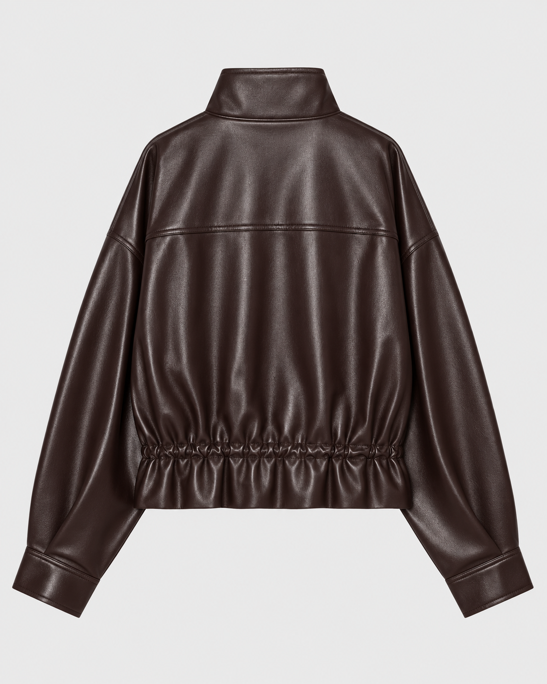 Image of Color: Brown | Women's brown stand collar faux leather zip-up jacket, back studio view