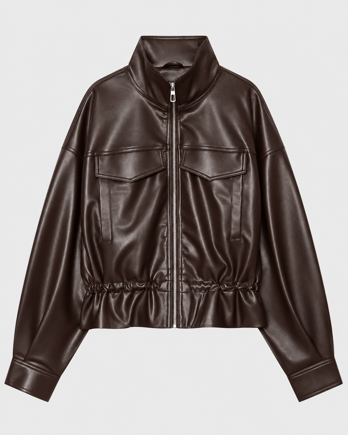 Image of Color: Brown | Women's brown stand collar faux leather zip-up jacket, front studio view