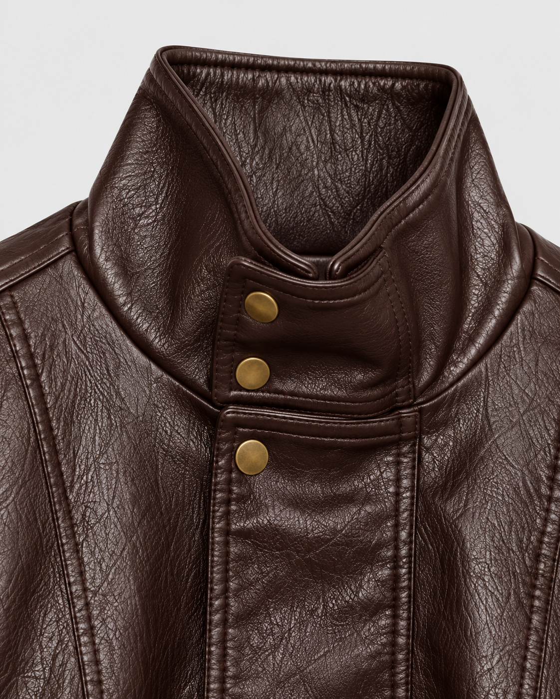 Color: Brown | Women's brown washed faux leather zip-up jacket, studio product view 2