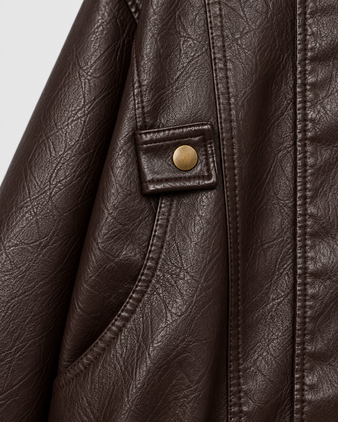 Color: Brown | Women's brown washed faux leather zip-up jacket, studio product view 3