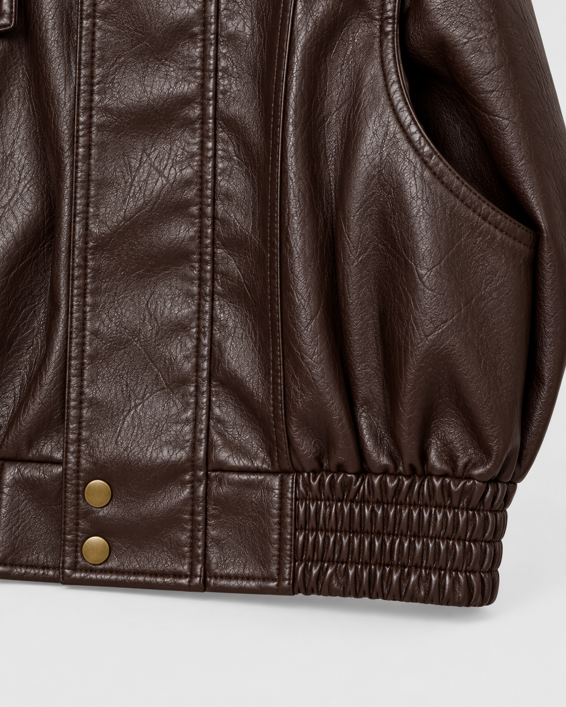 Color: Brown | Women's brown washed faux leather zip-up jacket, studio product view 4