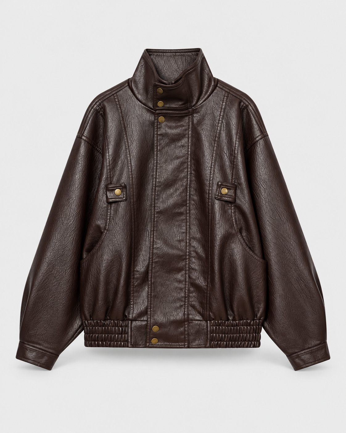Color: Brown | Women's brown washed faux leather zip-up jacket, alternate studio product view