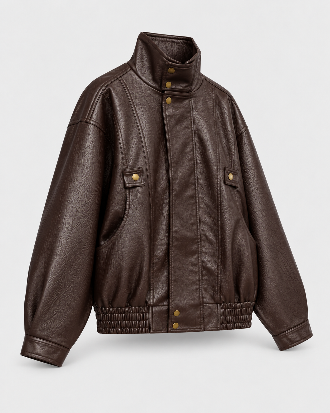 Color: Brown | Women's brown washed faux leather zip-up jacket styled on model, alternate look 1
