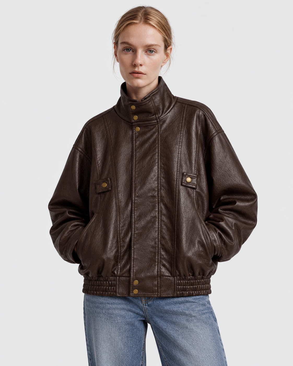 Color: Brown | Women's brown washed faux leather zip-up jacket, alternate studio product view 5