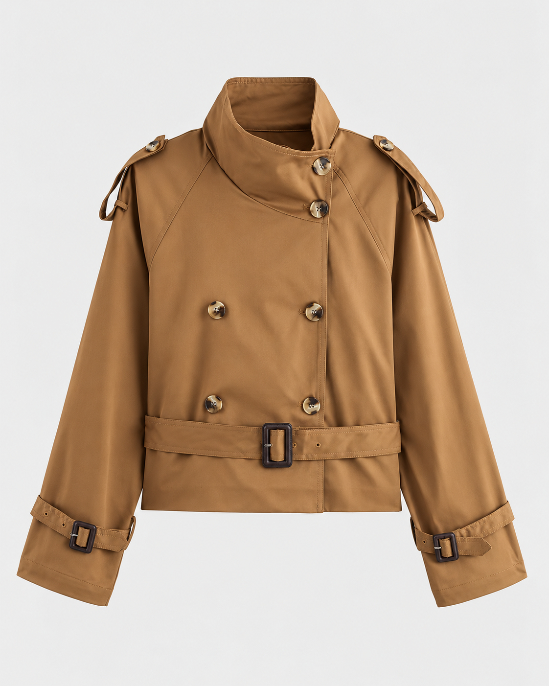 Color: Camel | Women's camel short double-breasted belted trench coat, main studio product view