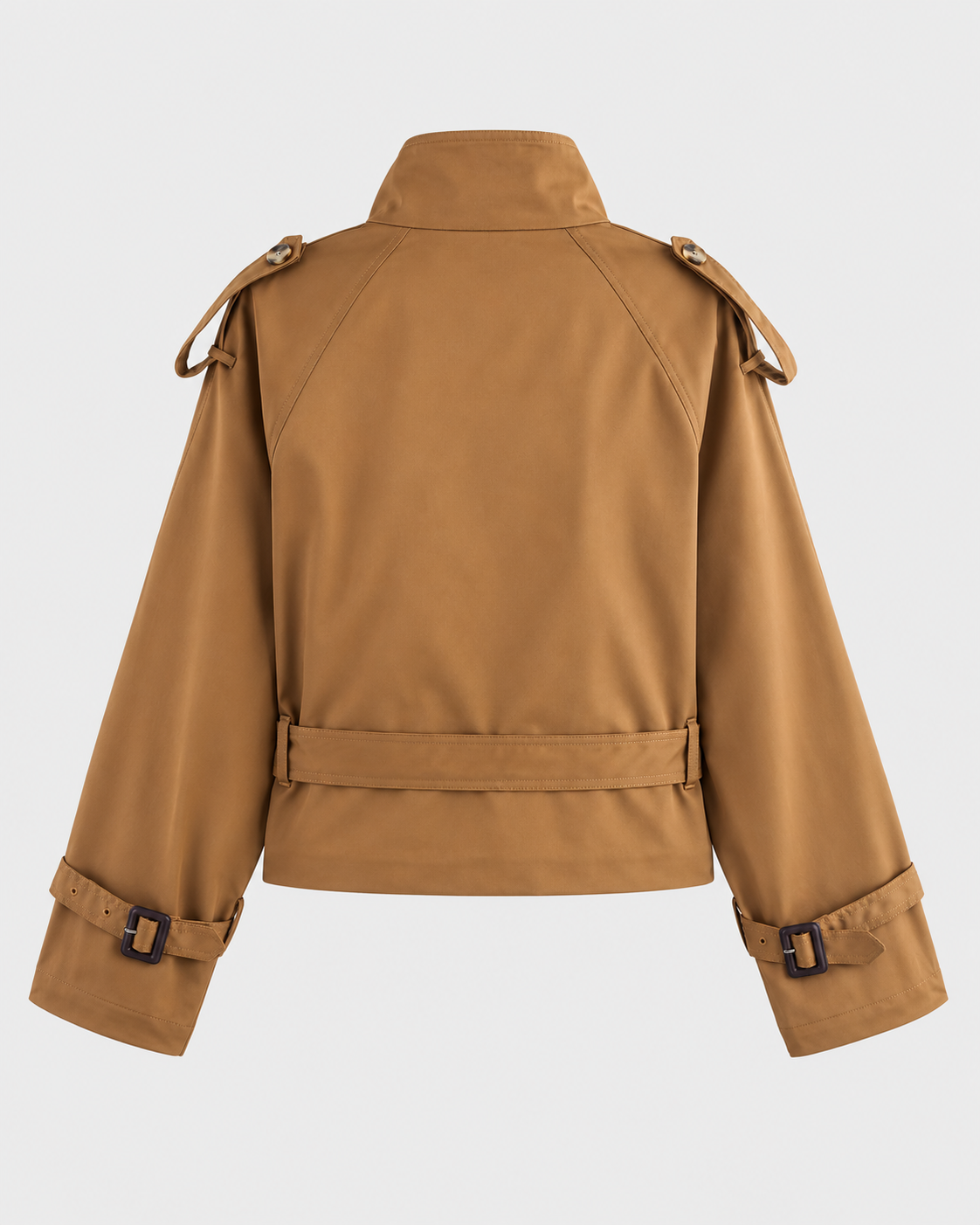 Image of Color: Camel | Women's camel short double-breasted belted trench coat styled on model, look 1