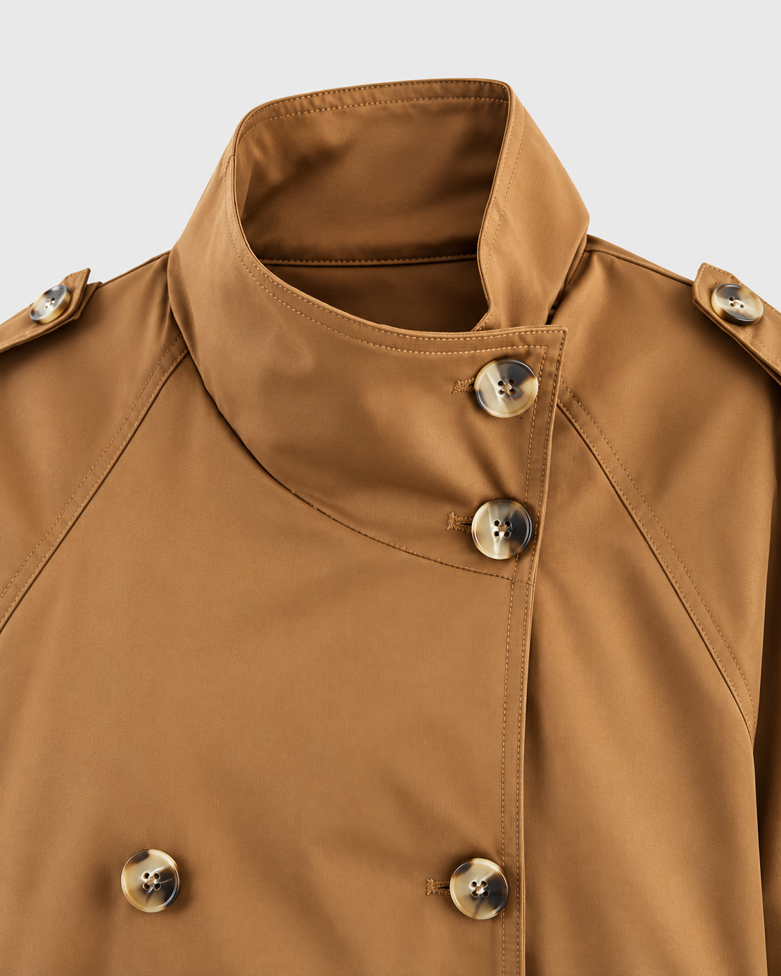 Color: Camel | Women's camel short double-breasted belted trench coat, studio product view 2