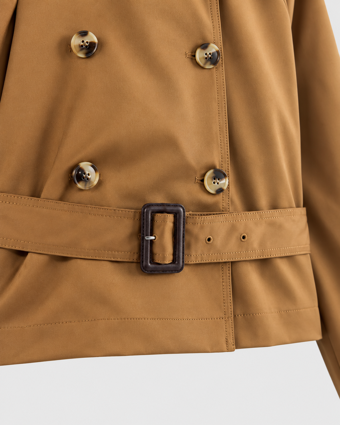 Image of Color: Camel | Women's camel short double-breasted belted trench coat, studio product view 3