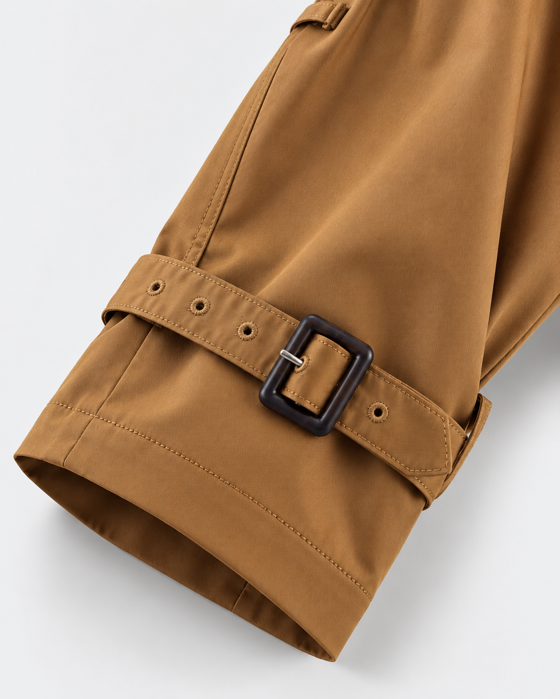 Image of Color: Camel | Women's camel short double-breasted belted trench coat, studio product view 4