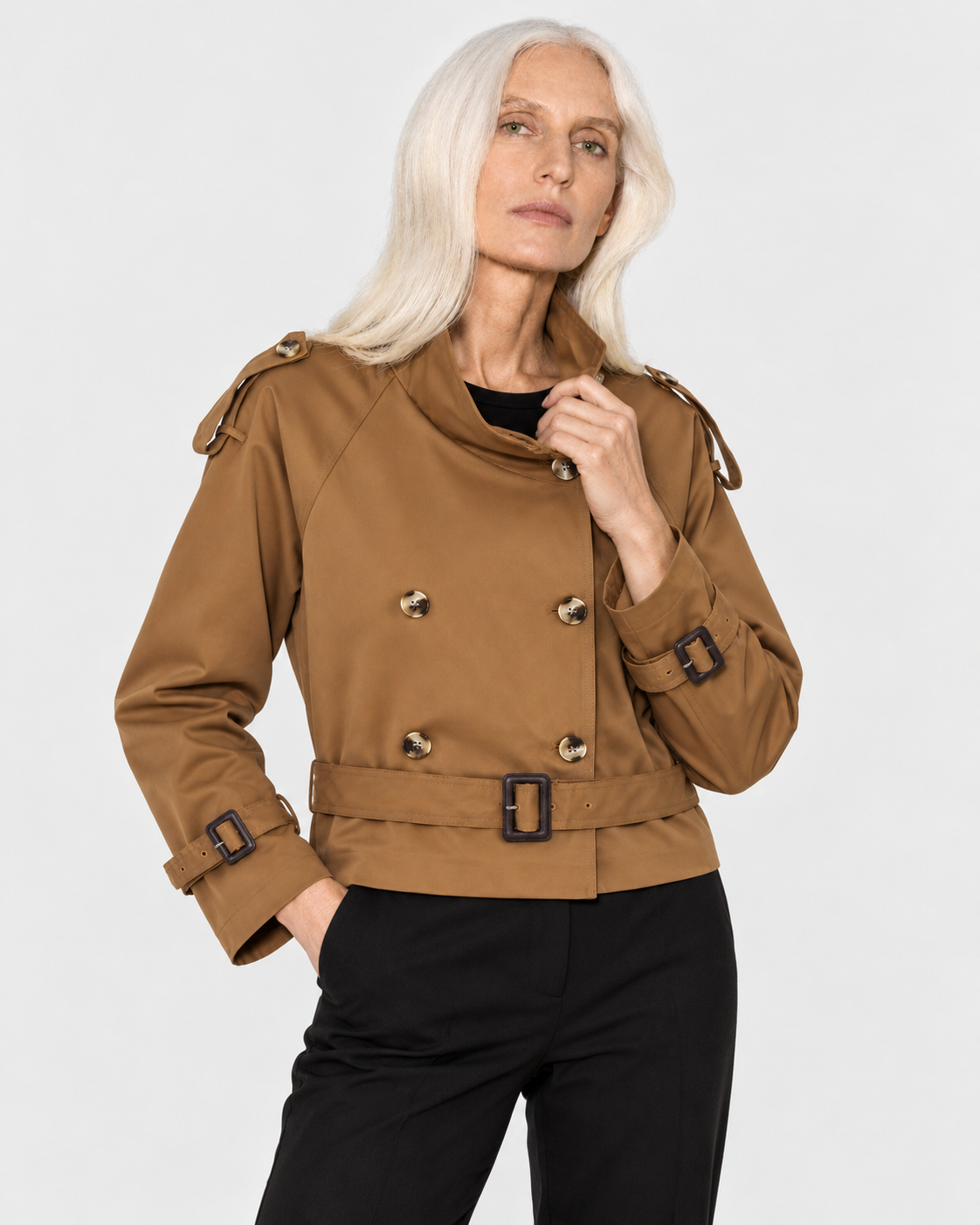 Color: Camel | Women's camel short double-breasted belted trench coat, studio product view 5
