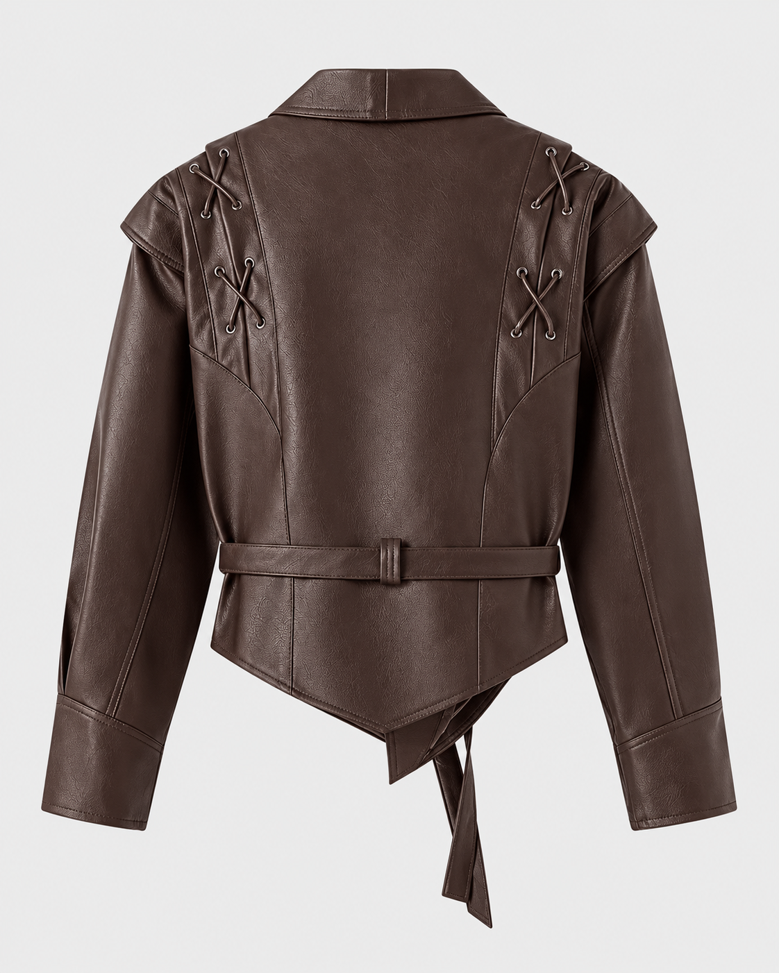 Color: Café Brown | Women's coffee brown button-front jacket, back studio view