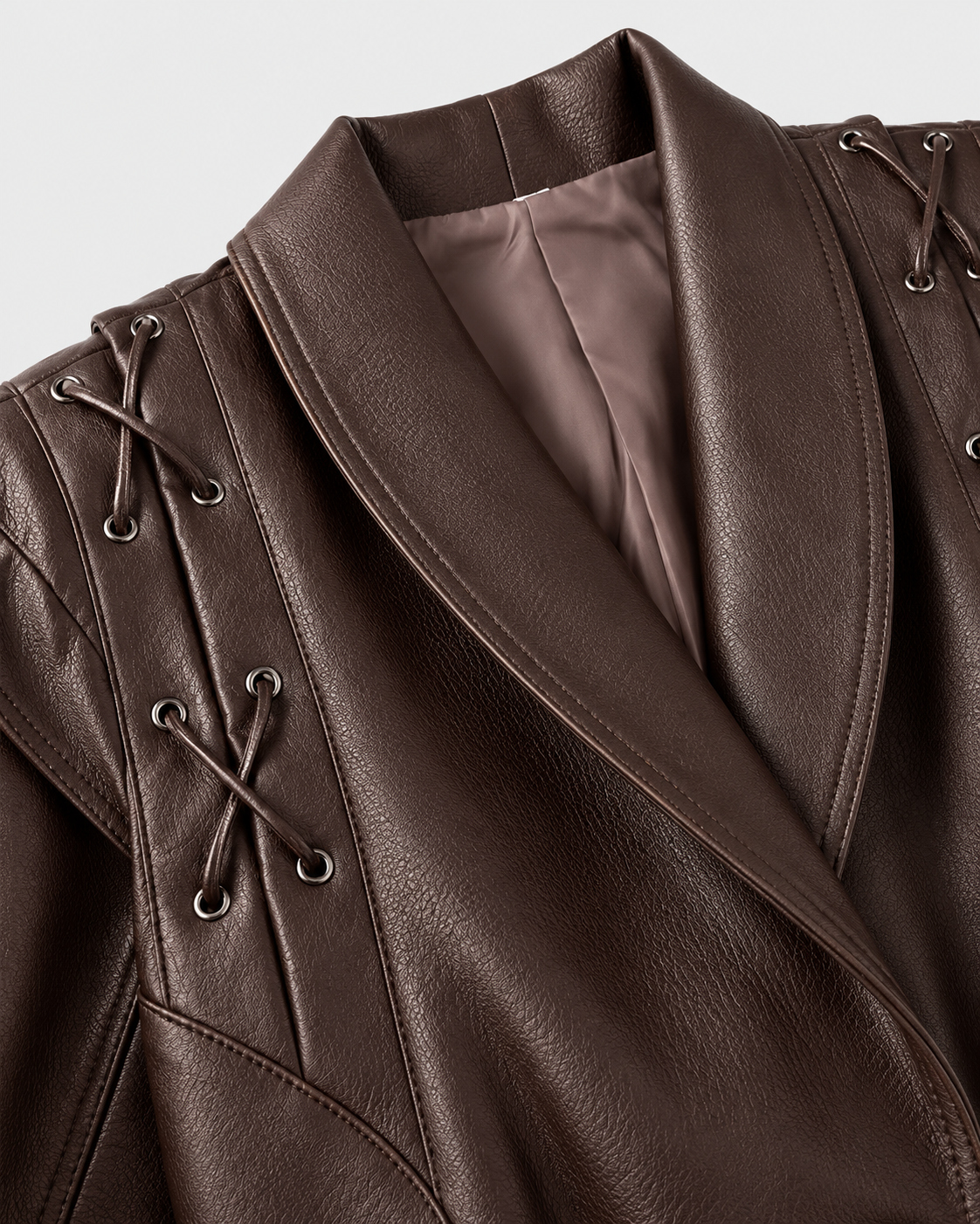Image of Color: Café Brown | Lapel and lace-up shoulder detail on women's coffee brown jacket