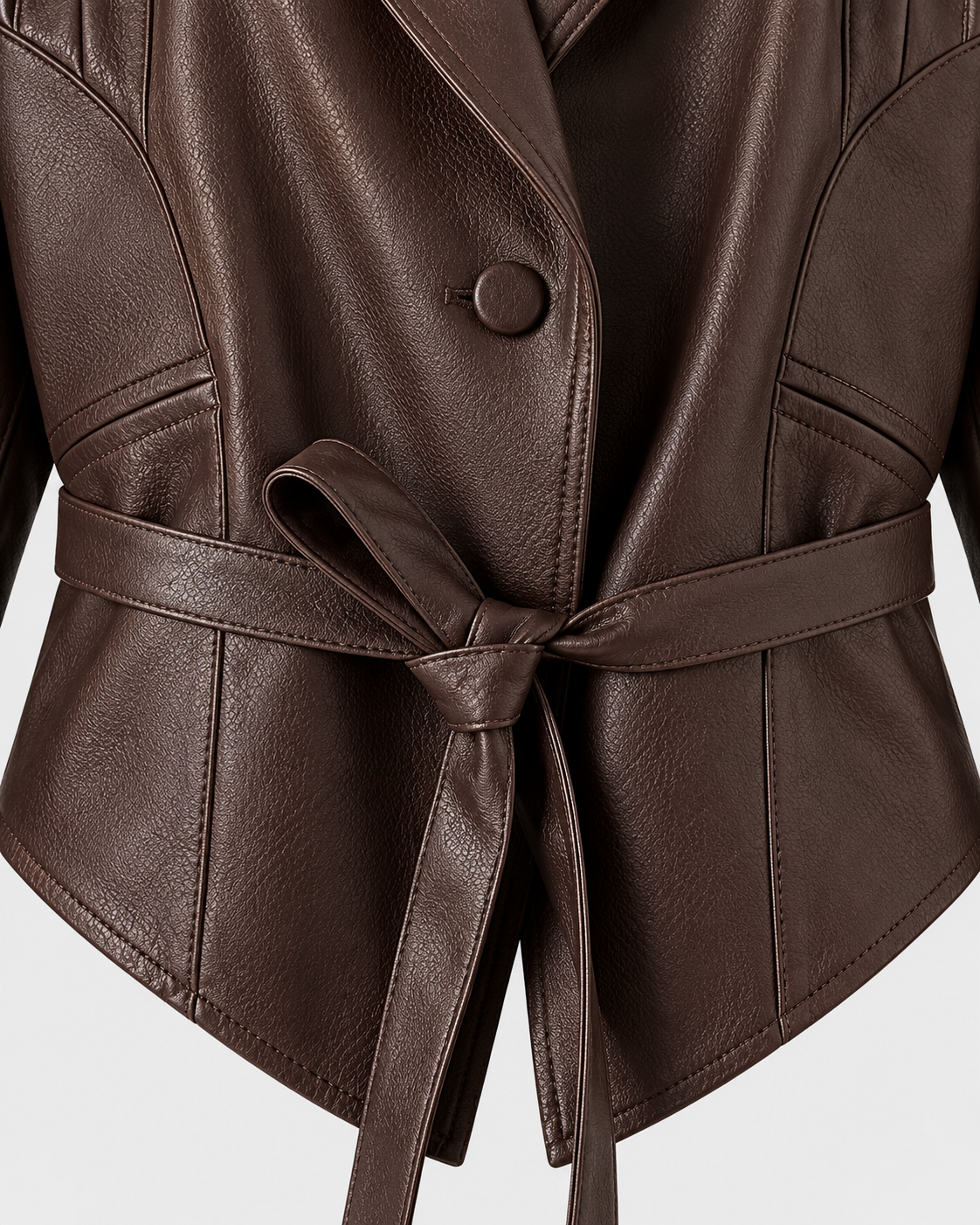 Image of Color: Café Brown | Button and waist tie detail on women's coffee brown jacket