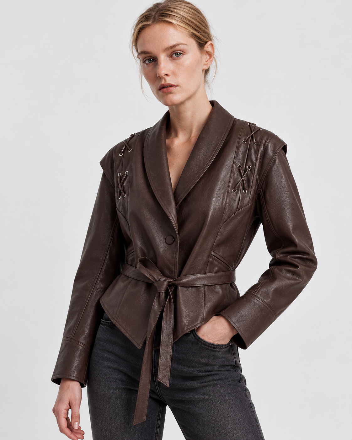 Color: Café Brown | Women's coffee brown button-front jacket styled on model, front view