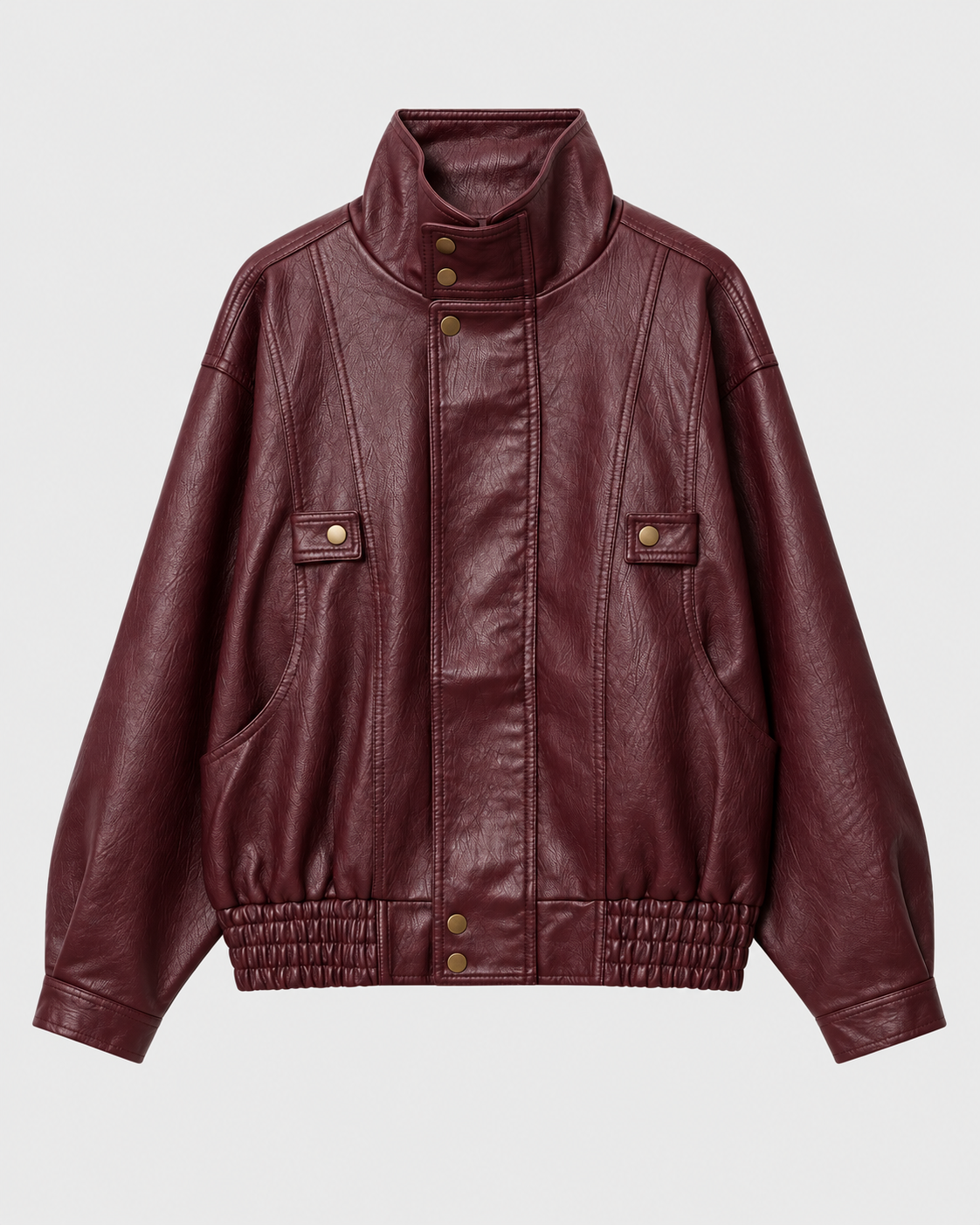 Color: Dark Red | Women's dark red washed faux leather zip-up jacket, main studio product view