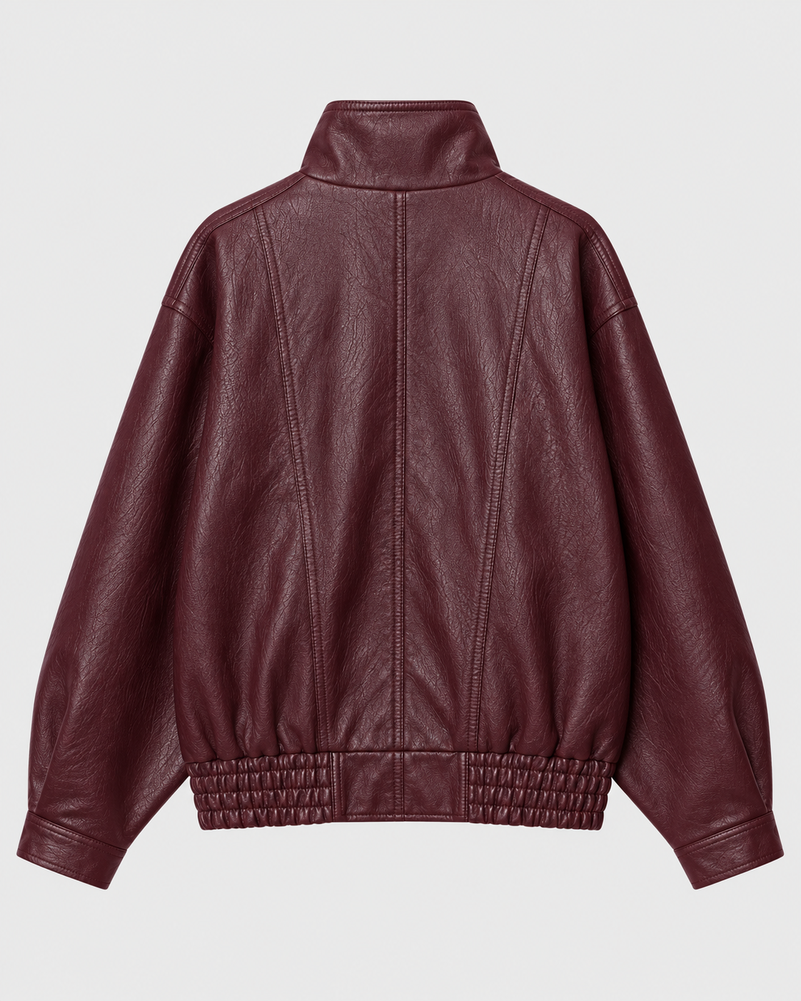 Color: Dark Red | Women's dark red washed faux leather zip-up jacket styled on model, look 1