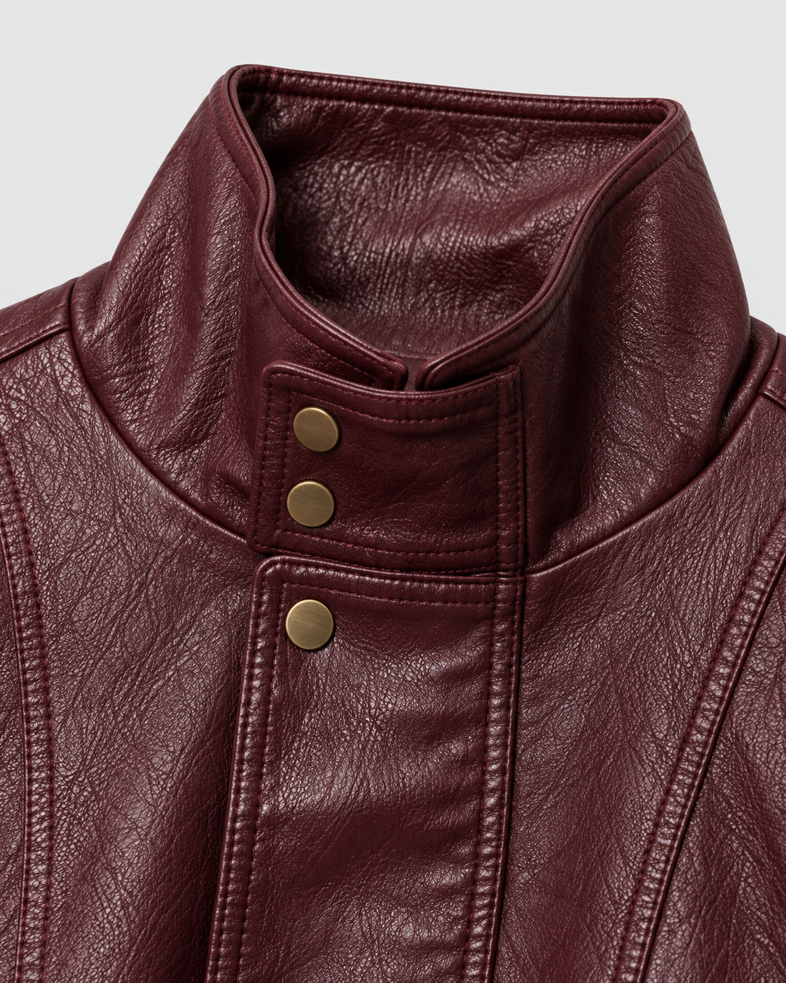 Image of Color: Dark Red | Women's dark red washed faux leather zip-up jacket, studio product view 2