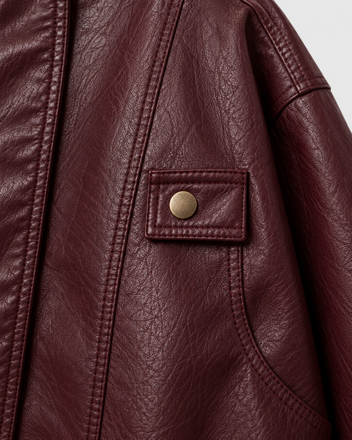 Color: Dark Red | Women's dark red washed faux leather zip-up jacket, studio product view 3