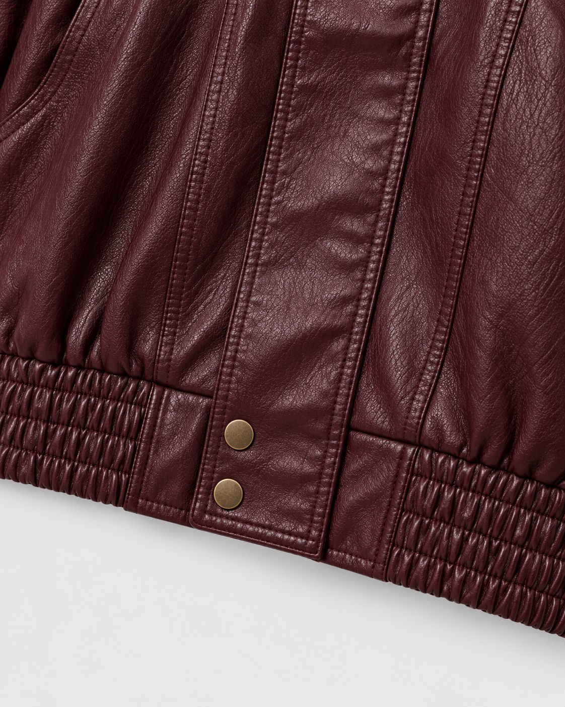 Color: Dark Red | Women's dark red washed faux leather zip-up jacket, studio product view 4