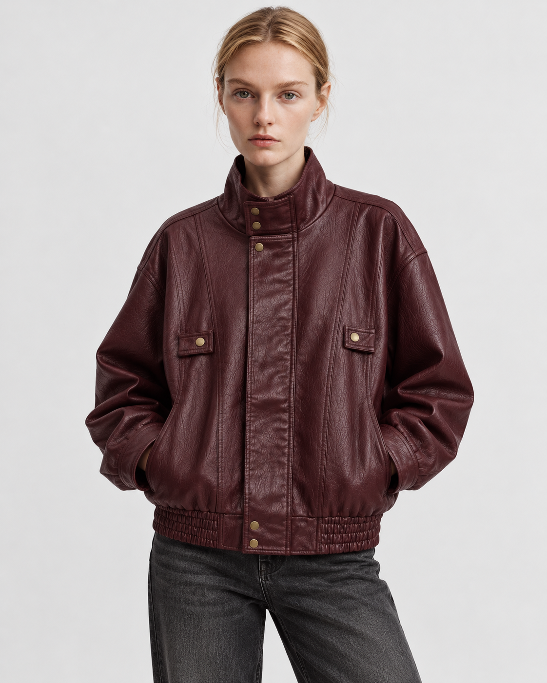 Color: Dark Red | Women's dark red washed faux leather zip-up jacket, studio product view 5