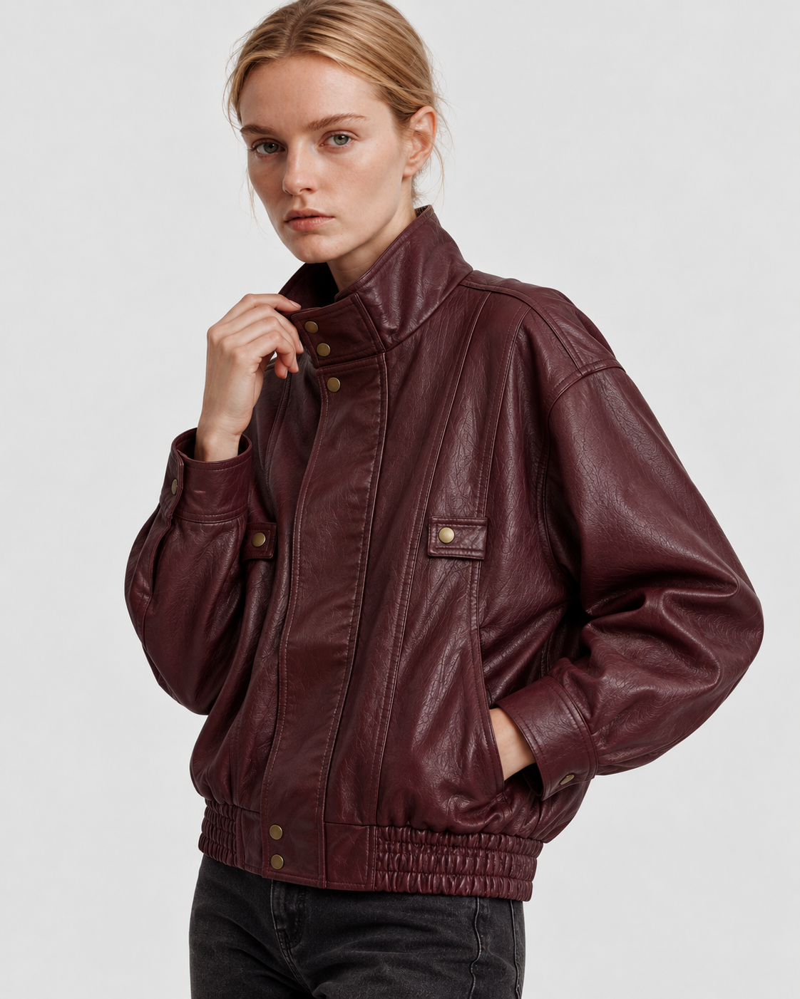 Image of Color: Dark Red | Women's dark red washed faux leather zip-up jacket styled on model, look 2