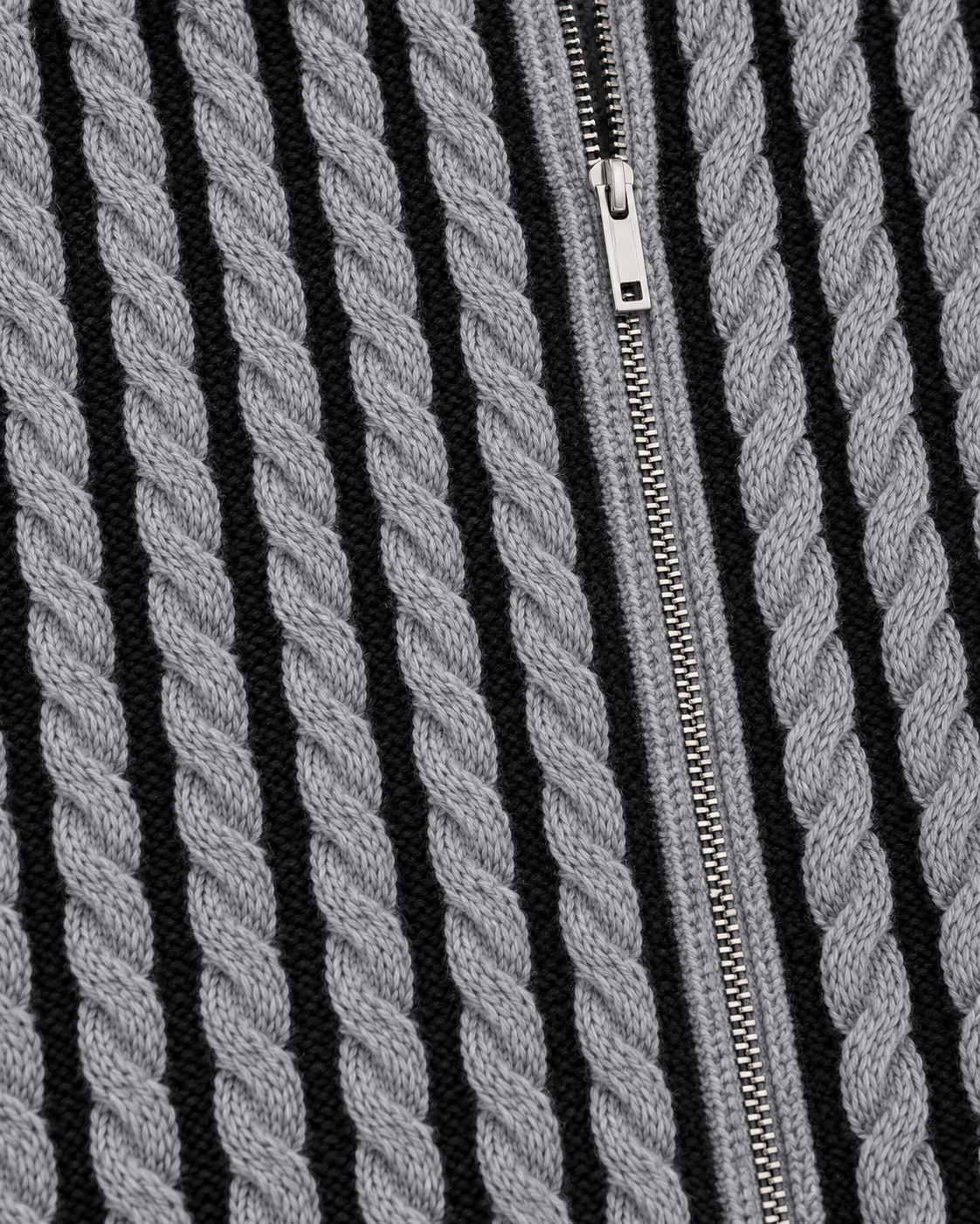 Image of Color: Gray | Close-up detail of women's gray striped cable knit zip-up cardigan