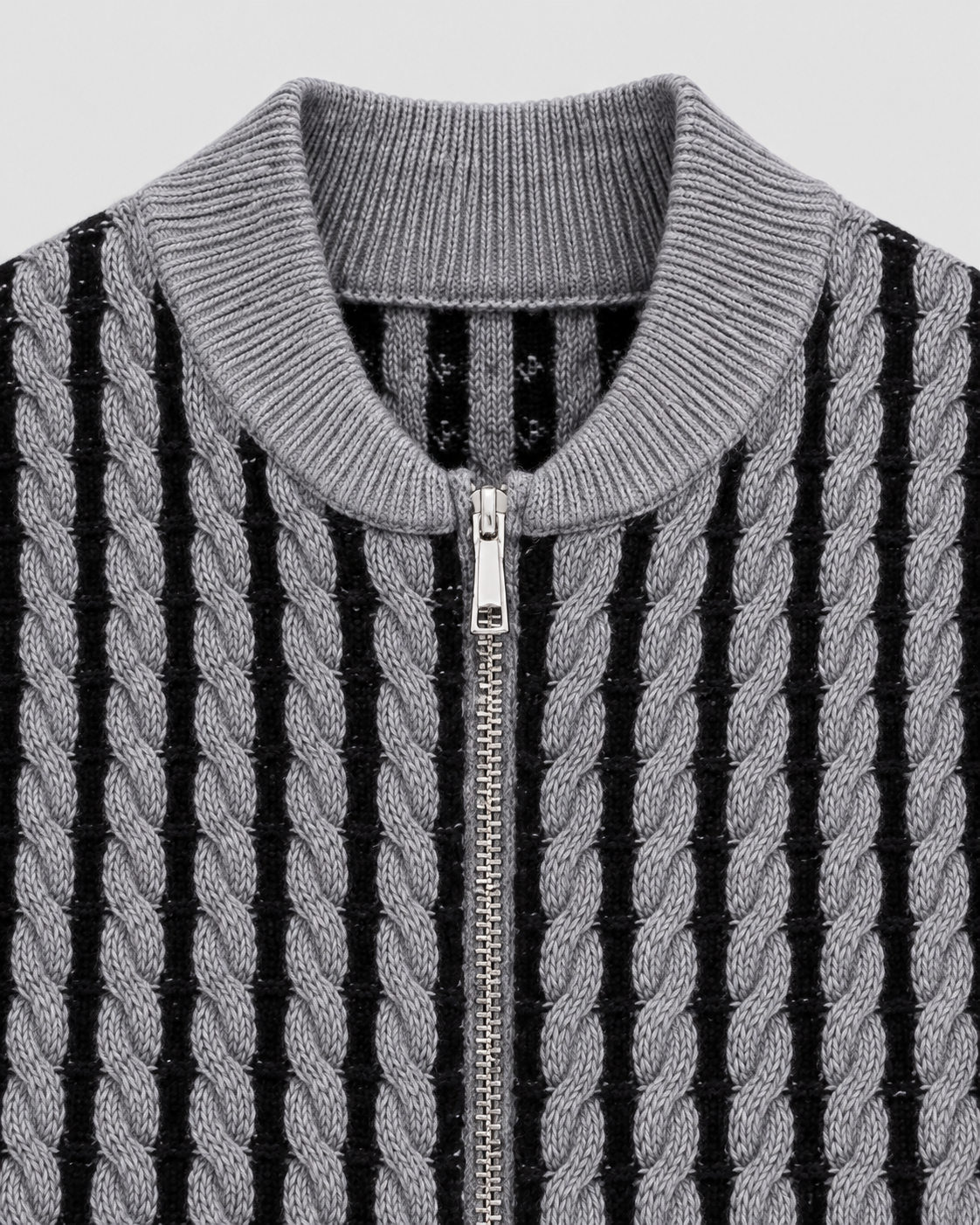 Image of Color: Gray | Upper-front close-up of women's gray striped cable knit zip-up cardigan
