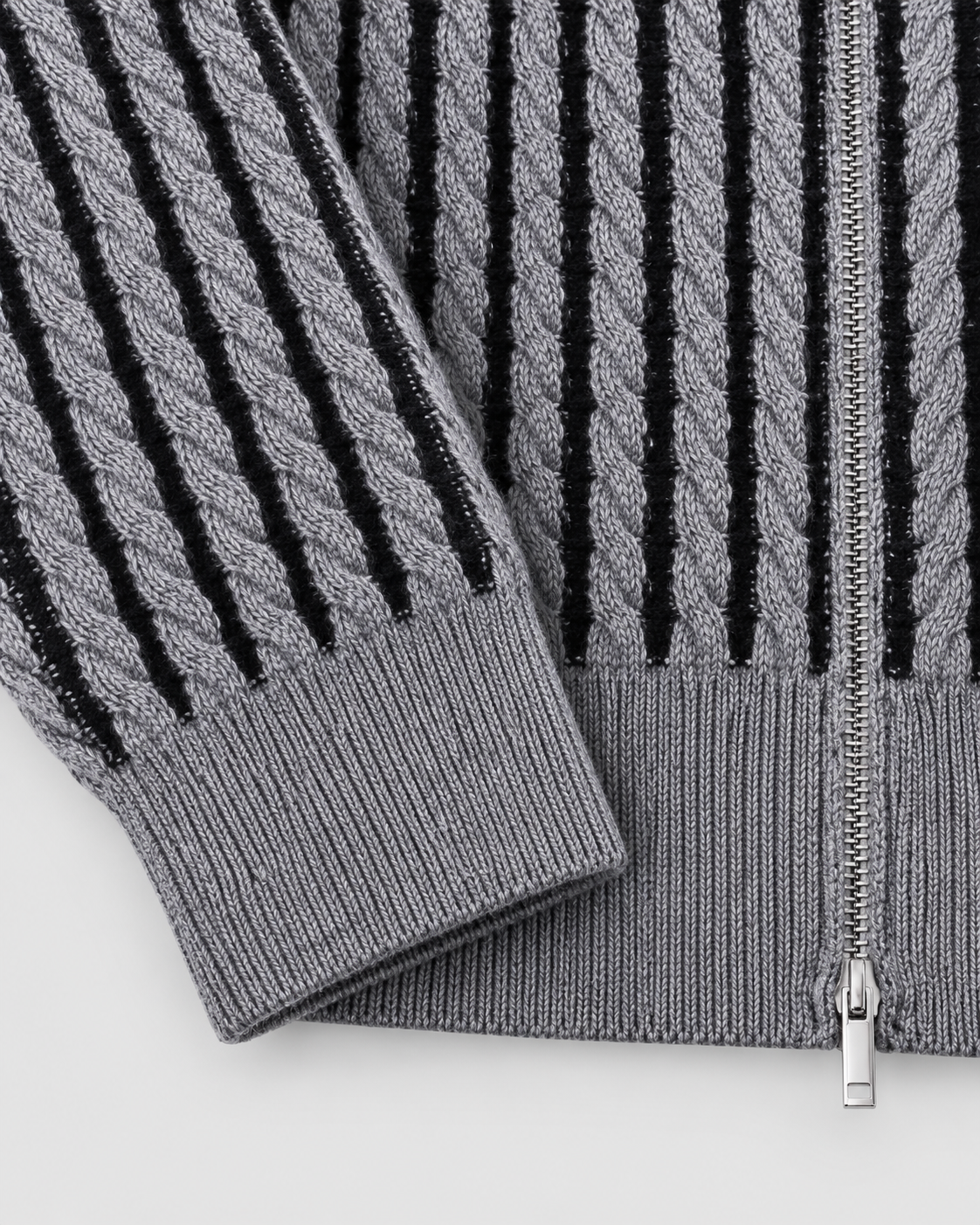 Image of Color: Gray | Sleeve and hem close-up of women's gray striped cable knit zip-up cardigan