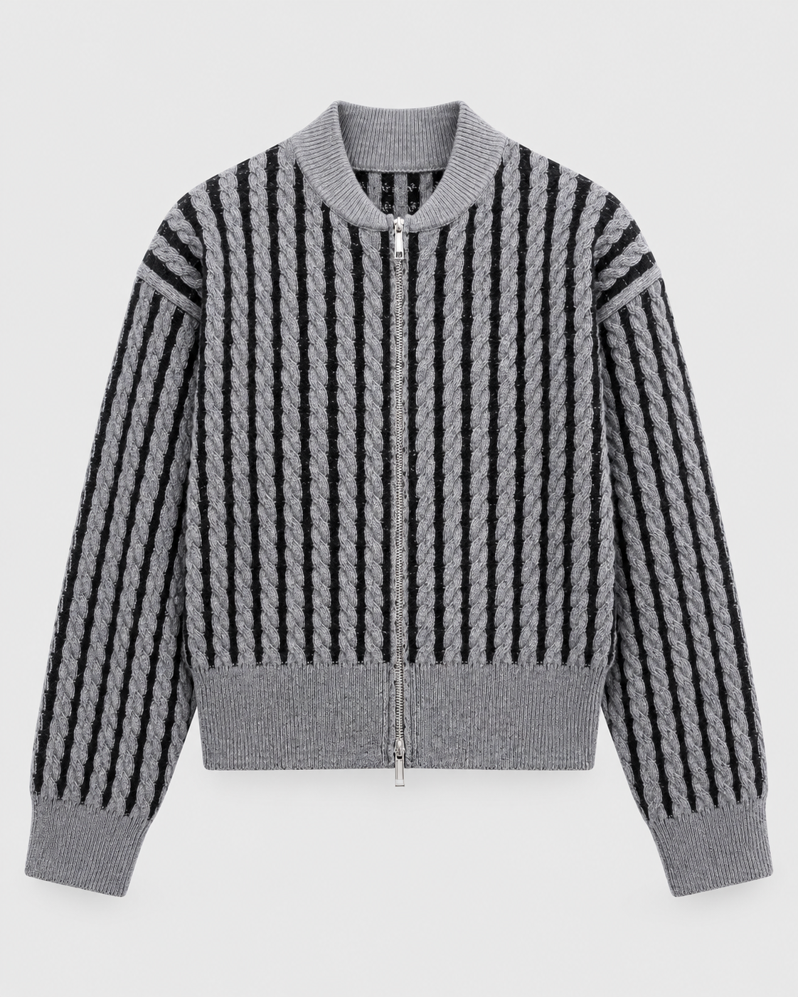 Image of Color: Gray | Women's gray striped cable knit zip-up cardigan, front studio view