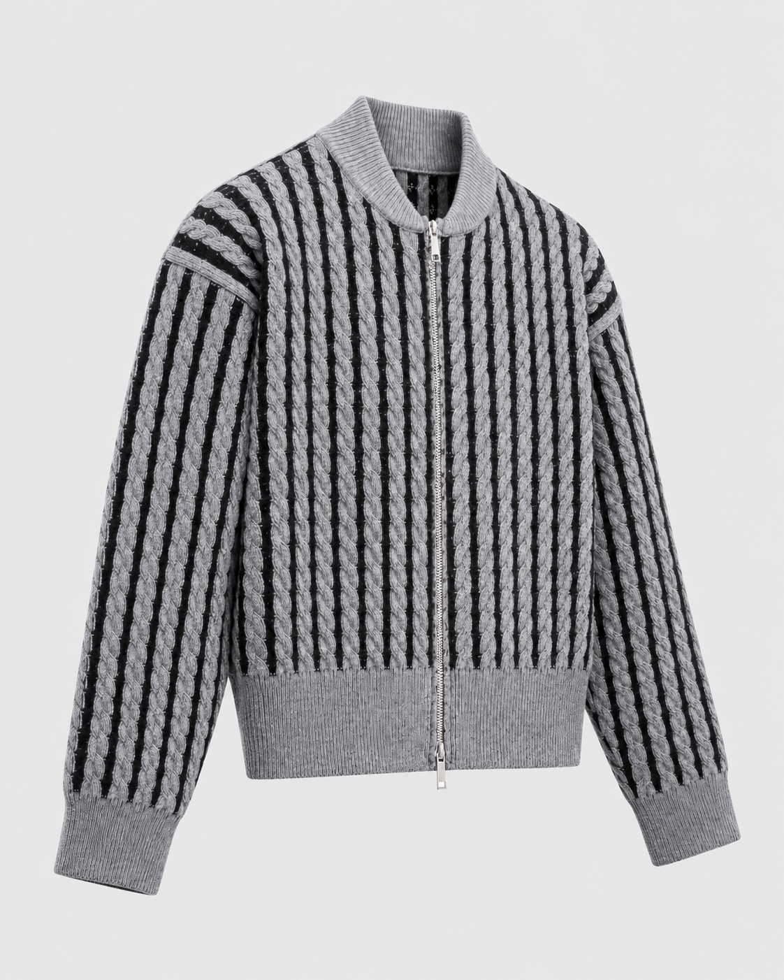 Color: Gray | Women's gray striped cable knit zip-up cardigan, three-quarter studio view