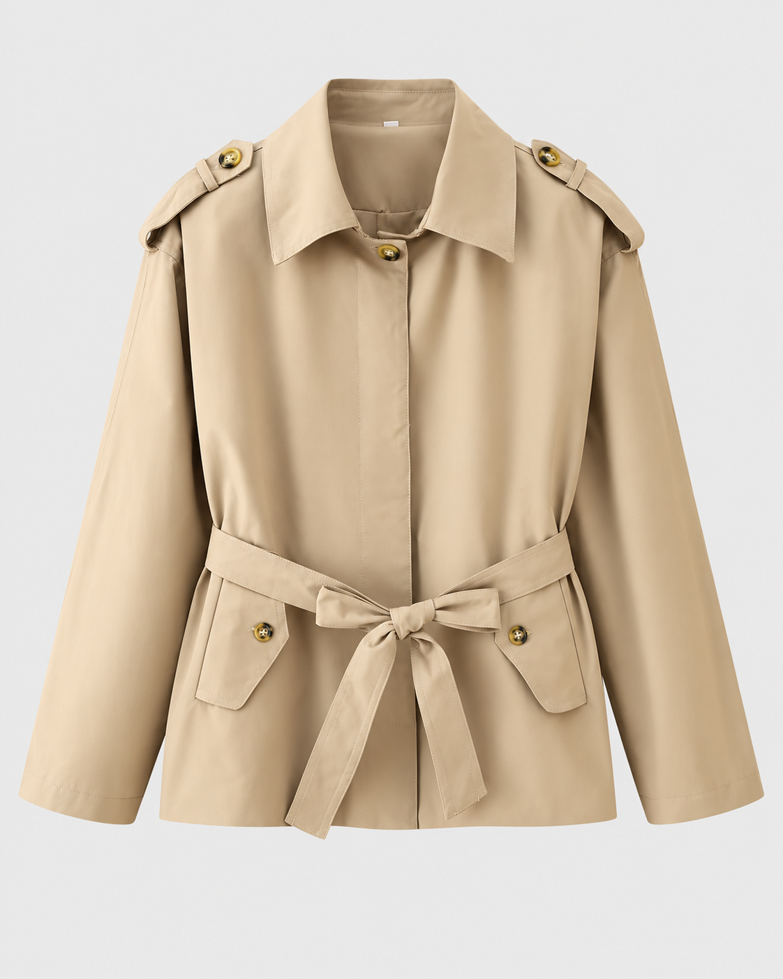 Color: Khaki | Women's khaki short belted multi-button trench coat, main studio product view