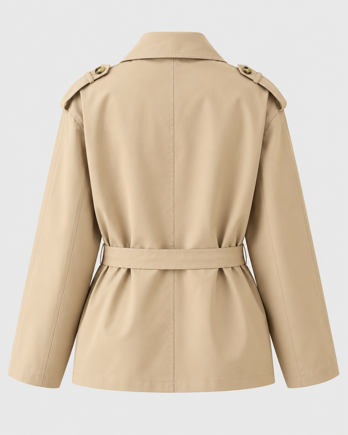 Image of Color: Khaki | Women's khaki short belted multi-button trench coat styled on model, look 1