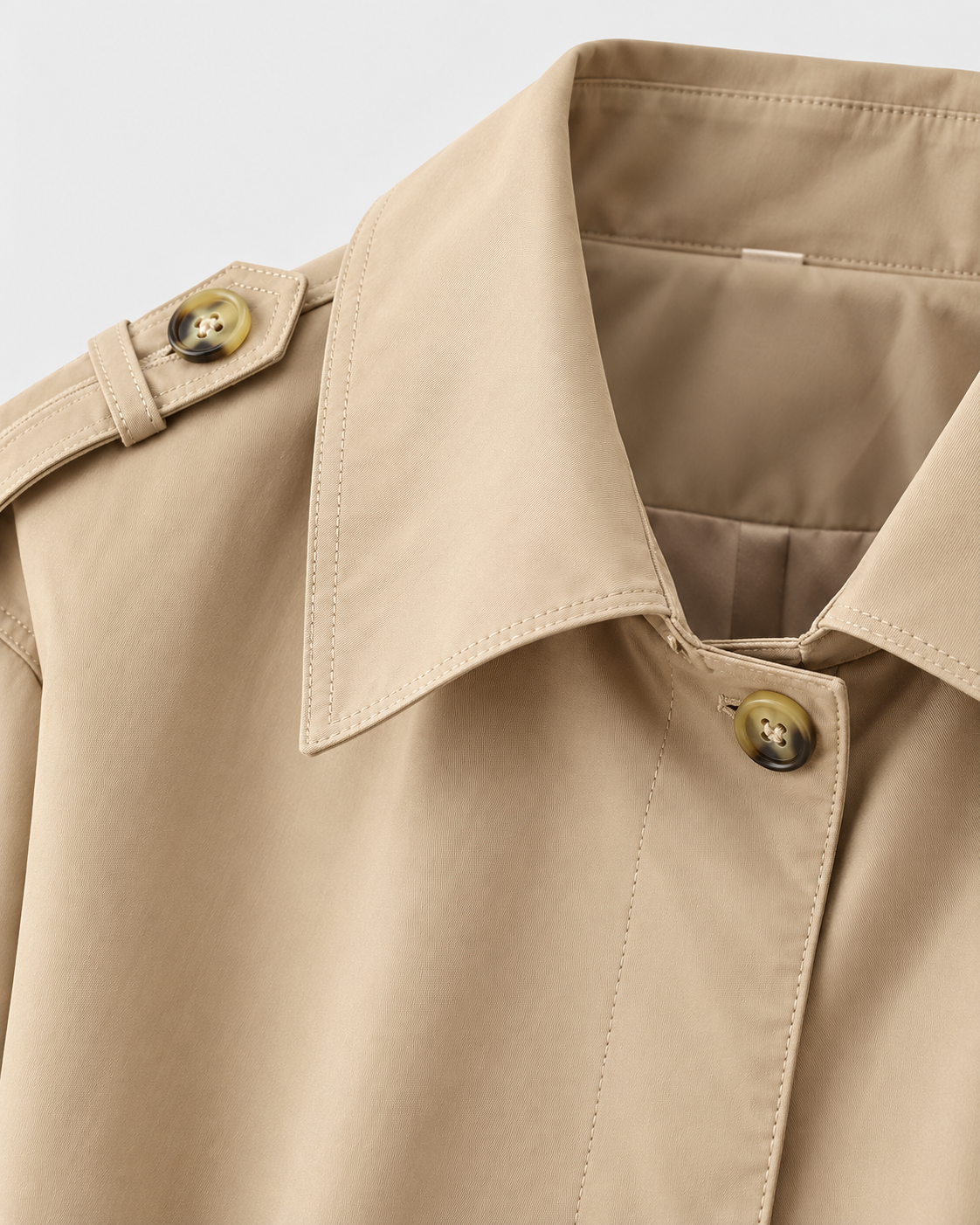 Color: Khaki | Women's khaki short belted multi-button trench coat, studio product view 2
