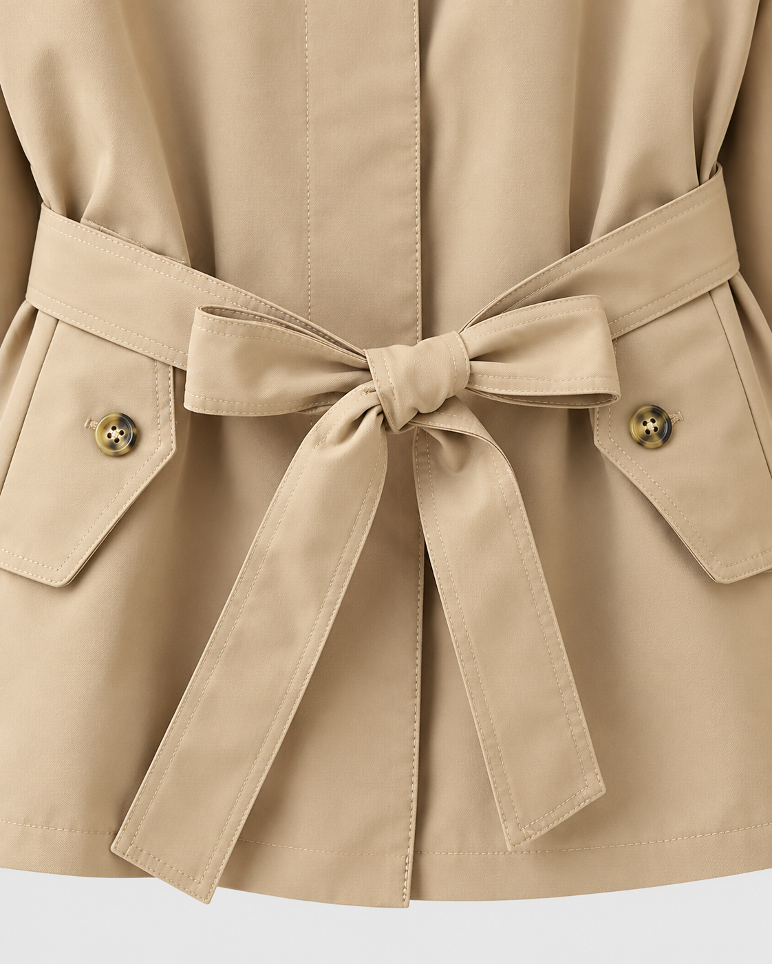 Color: Khaki | Women's khaki short belted multi-button trench coat, studio product view 3